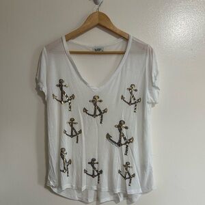 Lauren Moshi Short Sleeve V-Neck Anchor Motif T-Shirt, Size Small